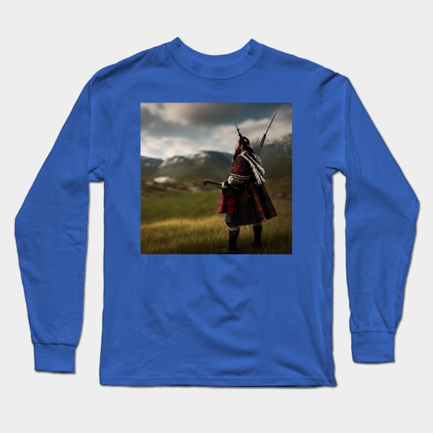 Scottish Highlander in Clan Tartan Long Sleeve T-Shirt by Grassroots Green